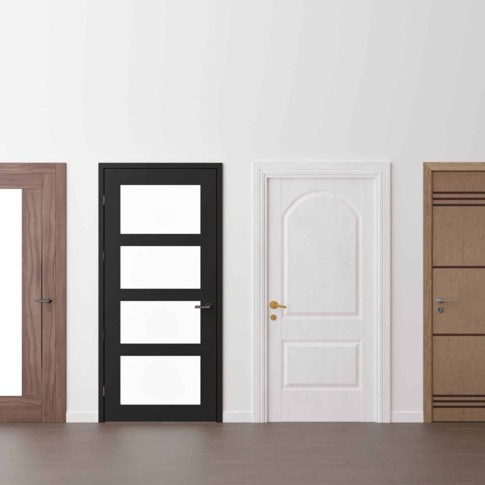 Various modern doors in empty room. Copy space for text, advertising. Production and trade of interior doors. Stylish internal door. Manufacture and sale. 3D rendering